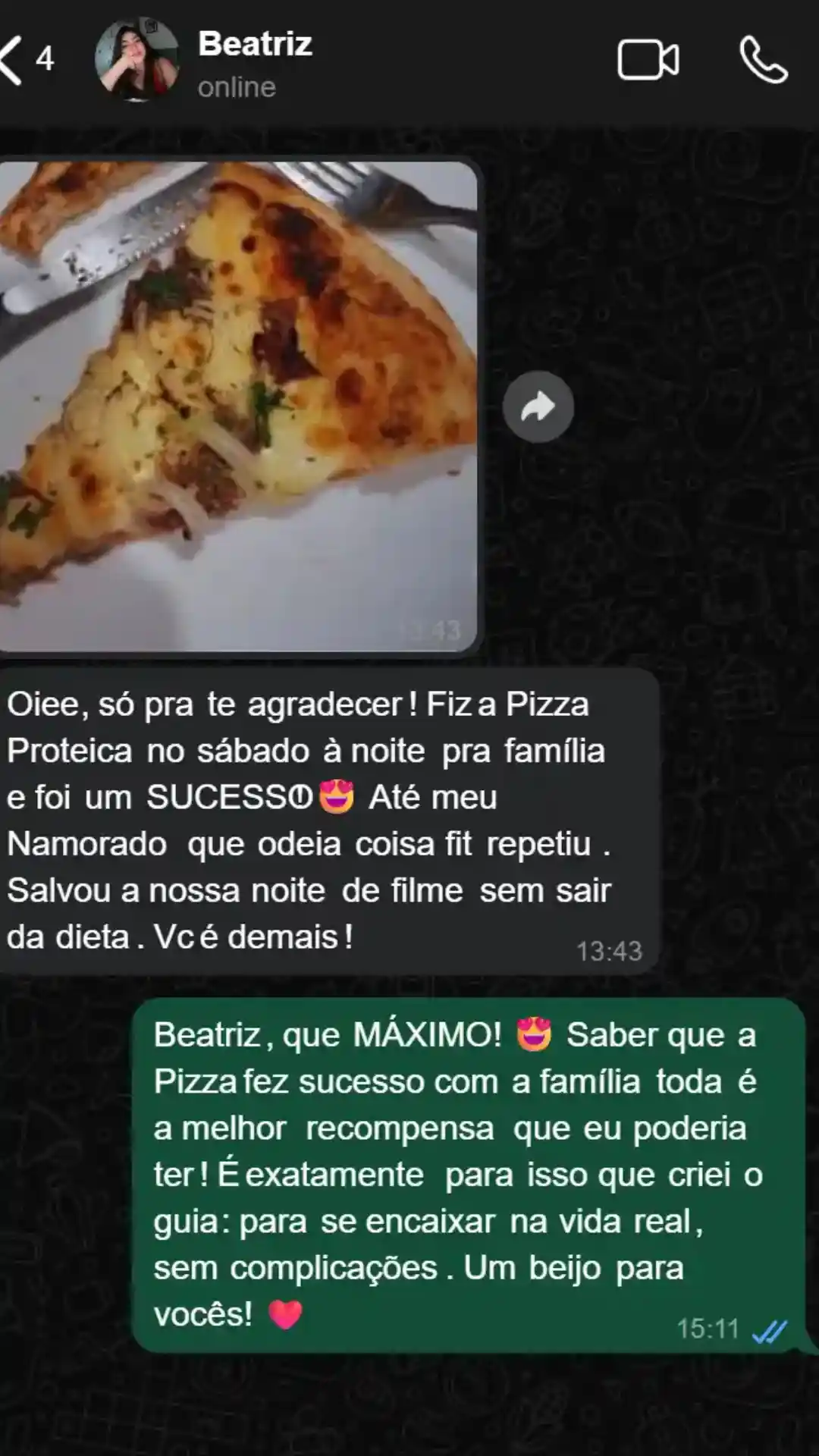 Depoimento da Beatriz sobre a Pizza Proteica