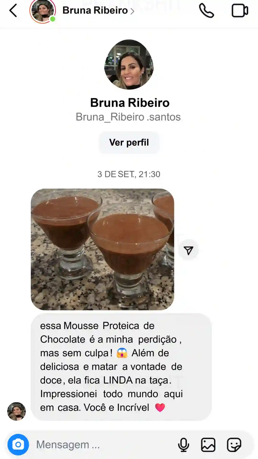 Depoimento da Bruna sobre a Mousse Proteica de Chocolate