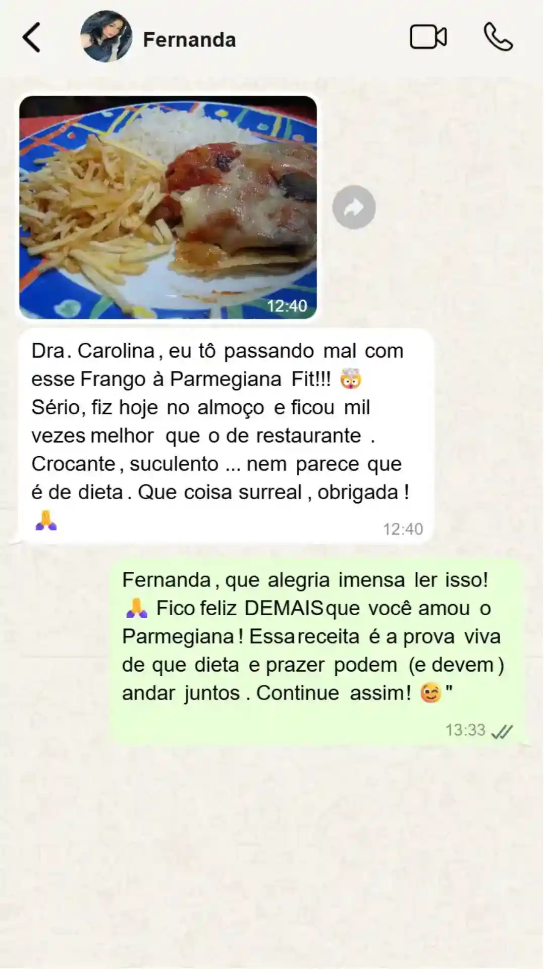 Depoimento da Fernanda sobre o Frango à Parmegiana Fit